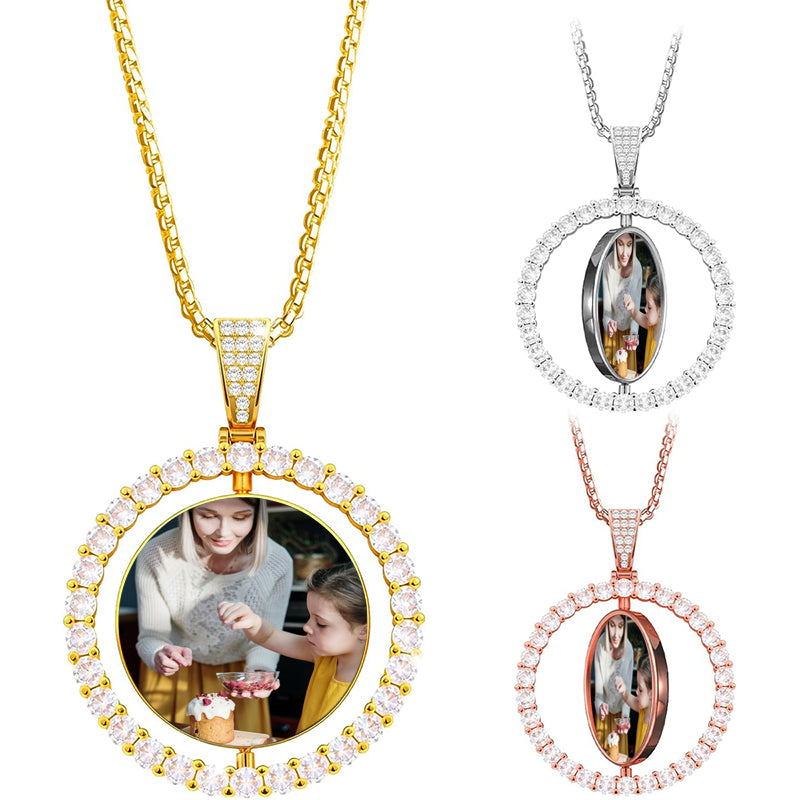 Locket Necklace for Women, Silver//Rose Custom Photo Text Necklaces, Flower Heart/Round Shape Personalized Picture Pendant Necklace 18 Inch