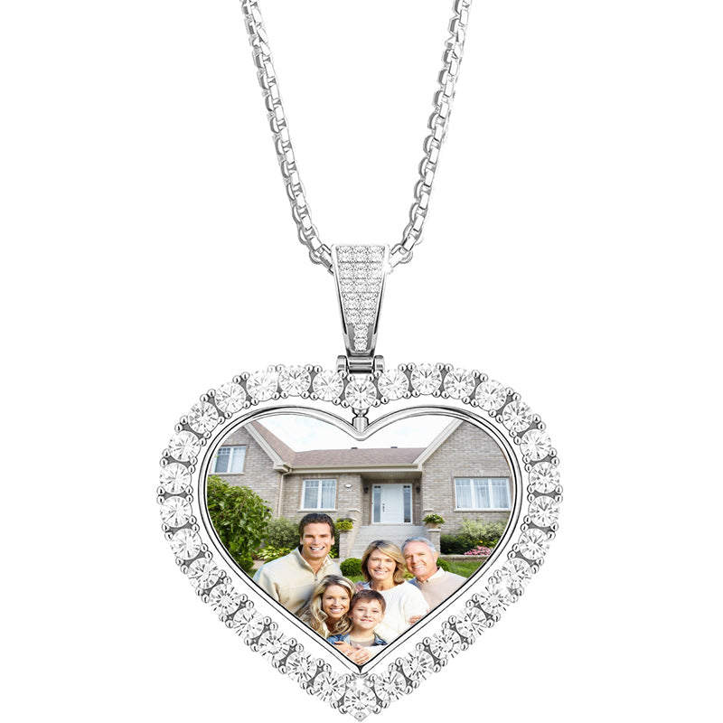 Custom Picture Necklace Personalized Broken Heart Pendant Necklace with Picture Hip Hop CZ Fully Iced Out Bling CZ Diamond 24K White Plated Picture Pendant with 24" Stainless Rope Chain